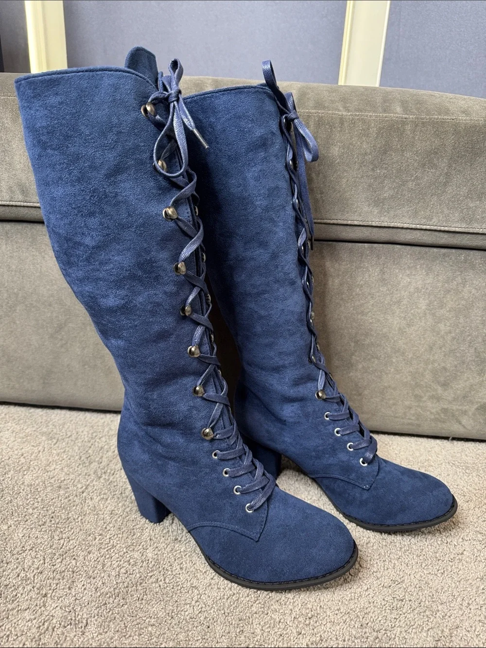 Tall Blue Faux Suede Lace-Up Women’s Boots Size 7 (38) NEW